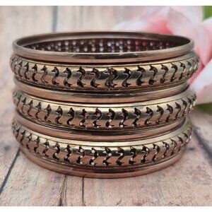 Lot of 7 Copper Tone Bangle Bracelets Stacking Open Works Jewelry Set